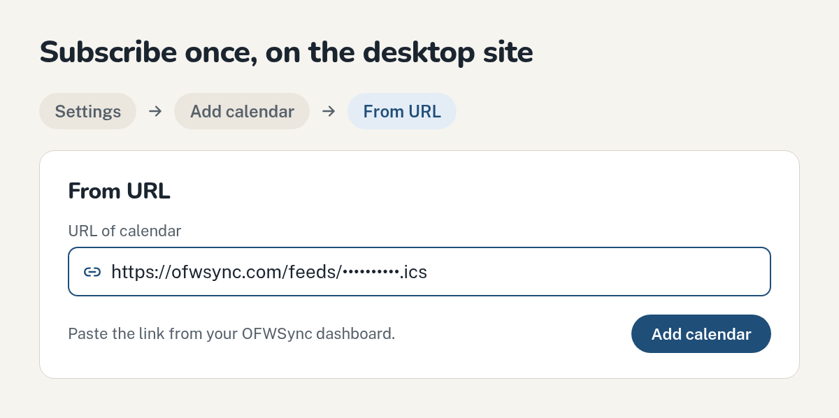Google Calendar's Settings, Add calendar, From URL screen with an OFWSync feed link pasted in