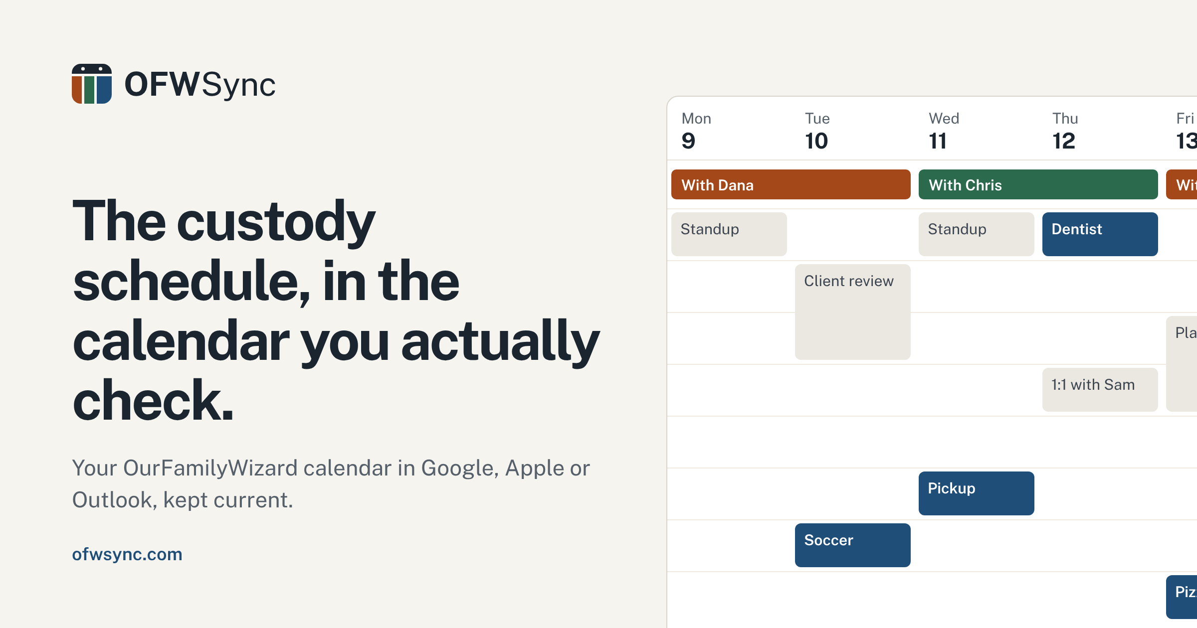 OFWSync puts your OurFamilyWizard schedule in Google, Apple or Outlook